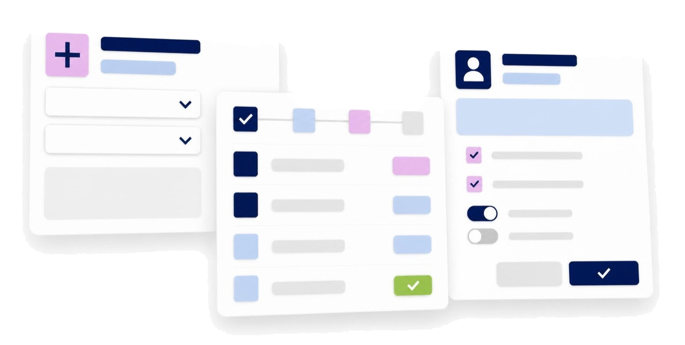 Layered product interface panels with forms, checklists, and toggles