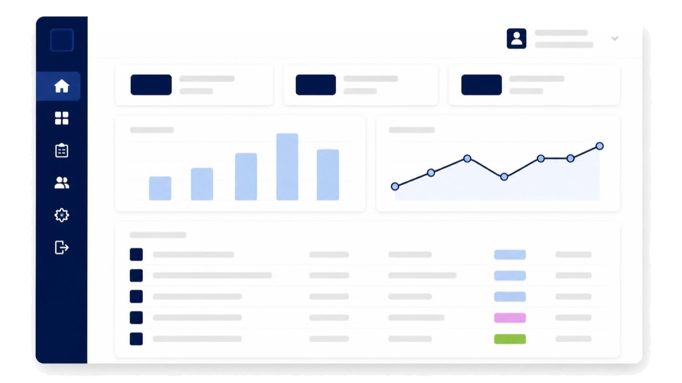 Custom software dashboard with charts and data tables
